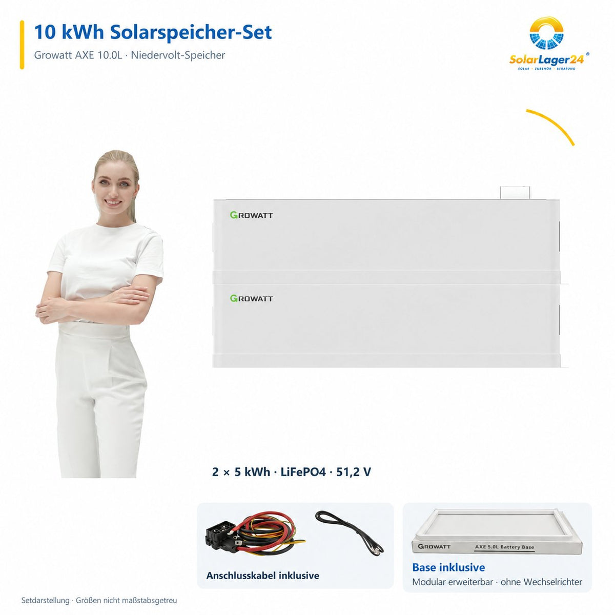 SolarLager24 Setübersicht: Growatt AXE 10.0L mit 10 kWh, 2 Batteriemodulen, Anschlusskabeln und separat abgebildeter Base mit Hinweis „Base inklusive“.