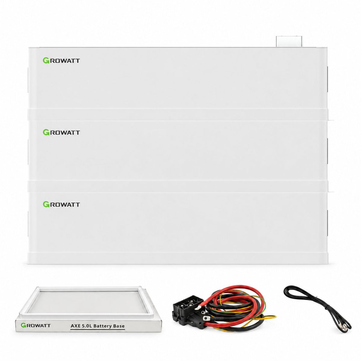 Growatt AXE 15.0L Solarspeicher-Set mit 15 kWh: 3 Batteriemodule, separat abgebildete AXE 5.0L Battery Base sowie Leistungs- und Kommunikationskabel.