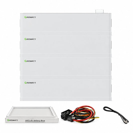 Growatt AXE 20.0L Solarspeicher-Set mit 20 kWh: 4 Batteriemodule, separat abgebildete AXE 5.0L Battery Base sowie Leistungs- und Kommunikationskabel.