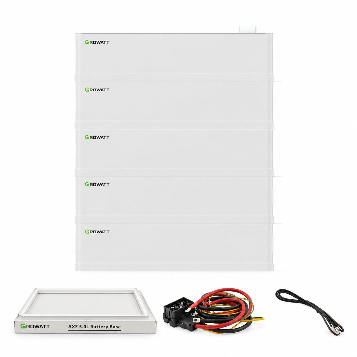Growatt AXE 25.0L Solarspeicher-Set mit 25 kWh: 5 Batteriemodule, separat abgebildete AXE 5.0L Battery Base sowie Leistungs- und Kommunikationskabel.