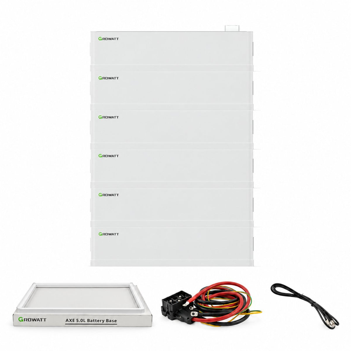 Growatt AXE 30.0L Solarspeicher-Set mit 30 kWh: 6 Batteriemodule, separat abgebildete AXE 5.0L Battery Base sowie Leistungs- und Kommunikationskabel.