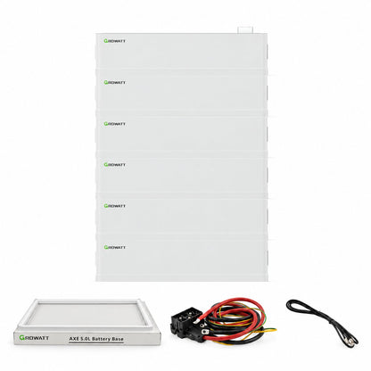 Growatt AXE 30.0L Solarspeicher-Set mit 30 kWh: 6 Batteriemodule, separat abgebildete AXE 5.0L Battery Base sowie Leistungs- und Kommunikationskabel.