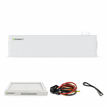 Growatt AXE 5.0L Solarspeicher-Set mit 5 kWh: ein Batteriemodul, separat abgebildete AXE 5.0L Battery Base sowie Leistungs- und Kommunikationskabel.