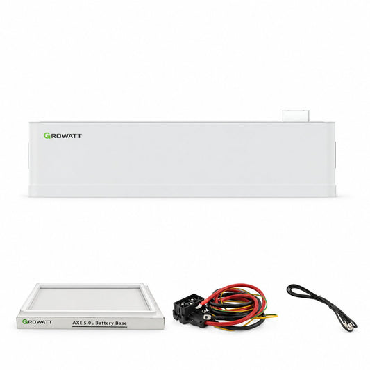 Growatt AXE 5.0L Solarspeicher-Set mit 5 kWh: ein Batteriemodul, separat abgebildete AXE 5.0L Battery Base sowie Leistungs- und Kommunikationskabel.