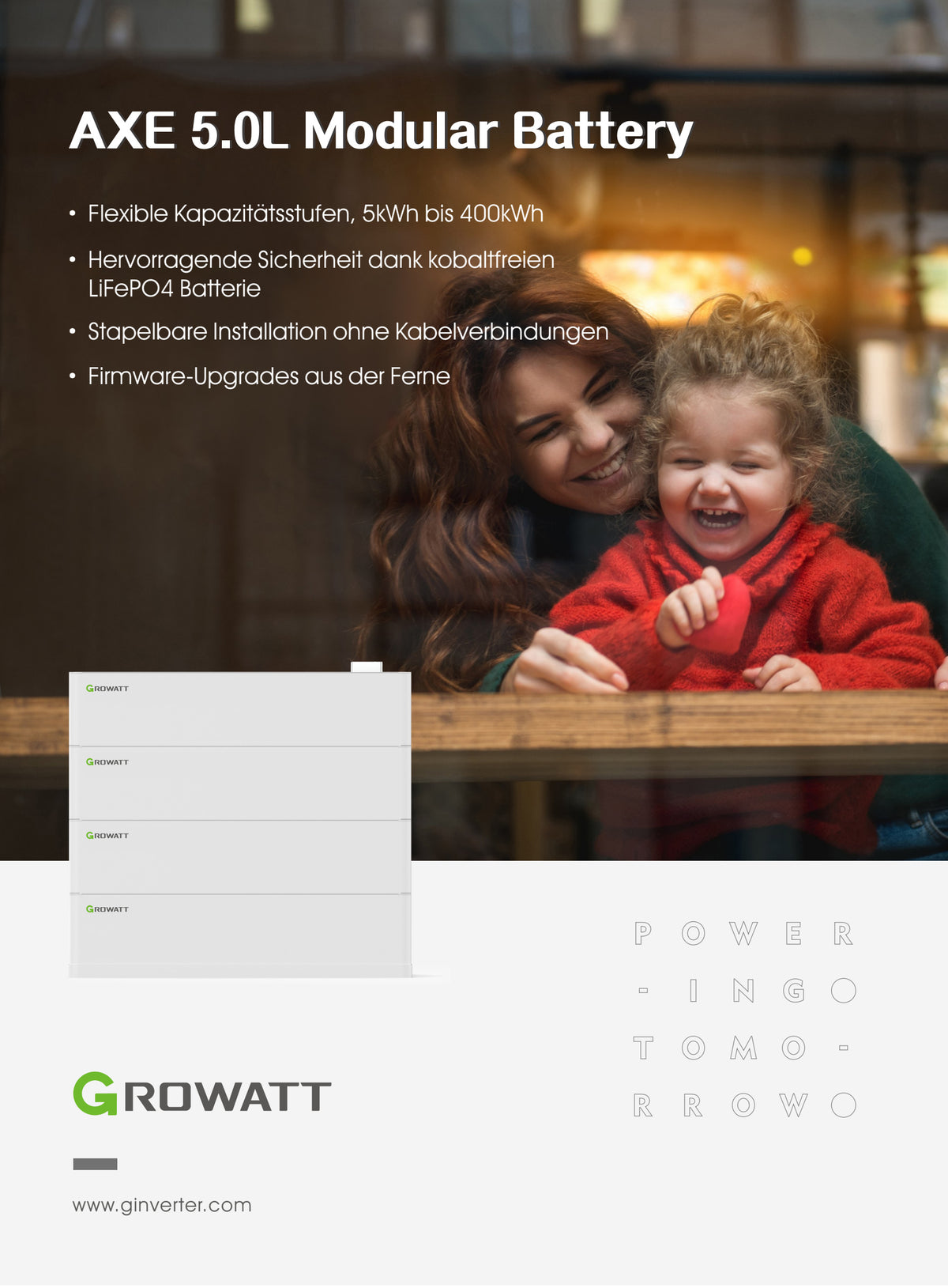 Growatt AXE 5.0L bis 50.0L – deutsches Herstellerdatenblatt, Seite 1 von 2, Produktübersicht und Eigenschaften.