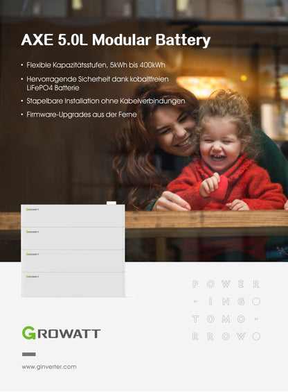 Growatt AXE 5.0L bis 50.0L – deutsches Herstellerdatenblatt, Seite 1 von 2, Produktübersicht und Eigenschaften.