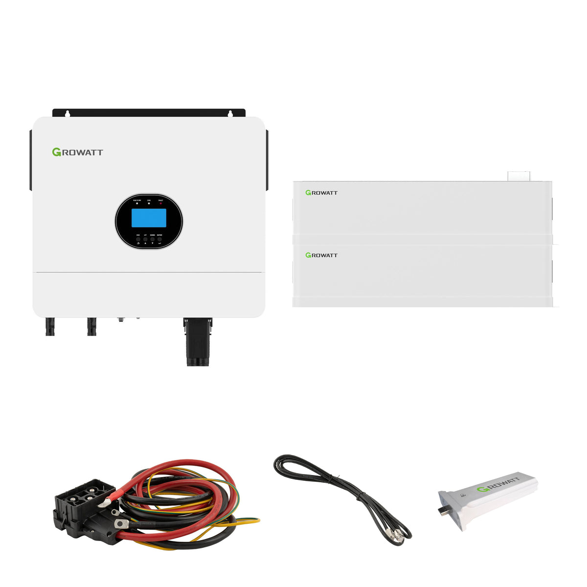 Growatt SPF 6000 ES Plus 6-kW-Wechselrichter und AXE 10.0L Speicher mit 10 kWh, 2 AXE-Batteriemodulen, Sockel, Kabeln und ShineWiFi-F auf weißem Hintergrund.