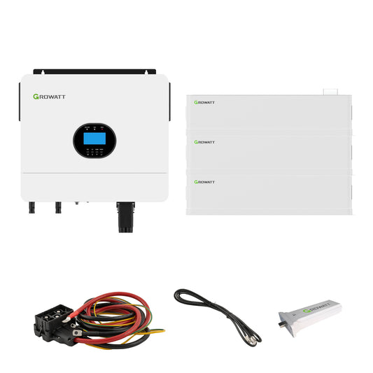 Growatt SPF 6000 ES Plus 6-kW-Wechselrichter und AXE 15.0L Speicher mit 15 kWh, 3 AXE-Batteriemodulen, Sockel, Kabeln und ShineWiFi-F auf weißem Hintergrund.