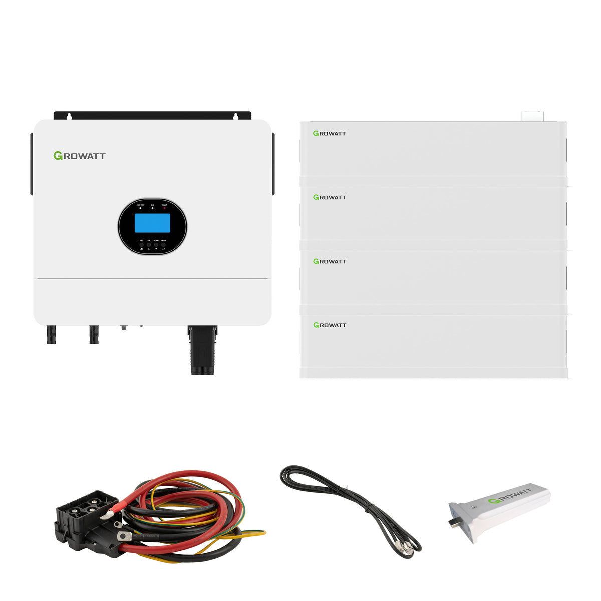Growatt SPF 6000 ES Plus 6-kW-Wechselrichter und AXE 20.0L Speicher mit 20 kWh, 4 AXE-Batteriemodulen, Sockel, Kabeln und ShineWiFi-F auf weißem Hintergrund.