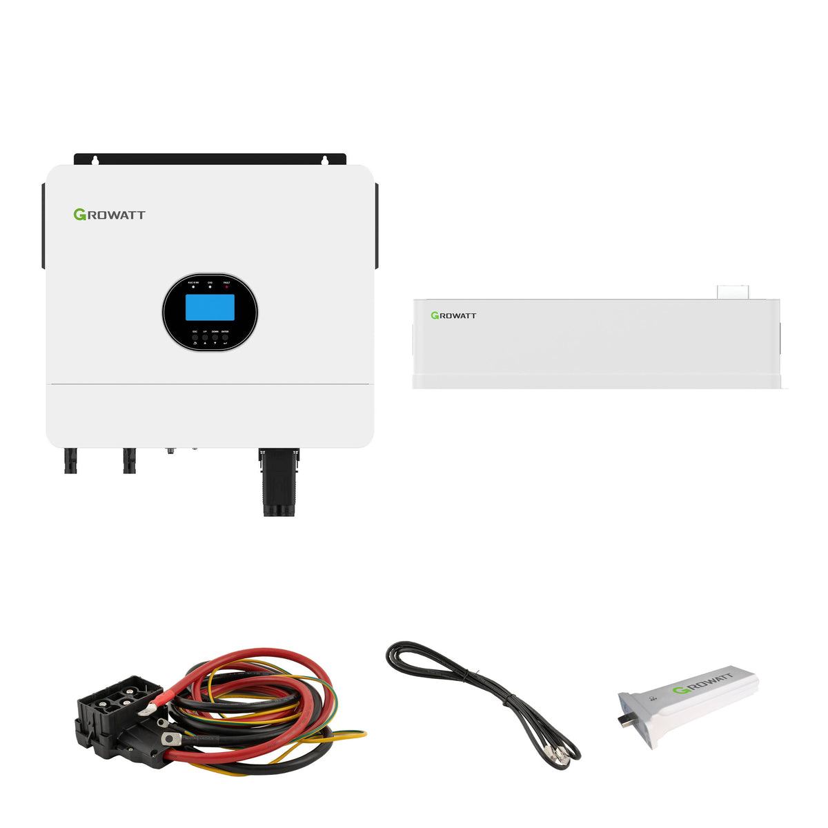 Growatt SPF 6000 ES Plus 6-kW-Wechselrichter und AXE 5.0L Speicher mit 5 kWh, einem AXE-Batteriemodul, Sockel, Kabeln und ShineWiFi-F auf weißem Hintergrund.