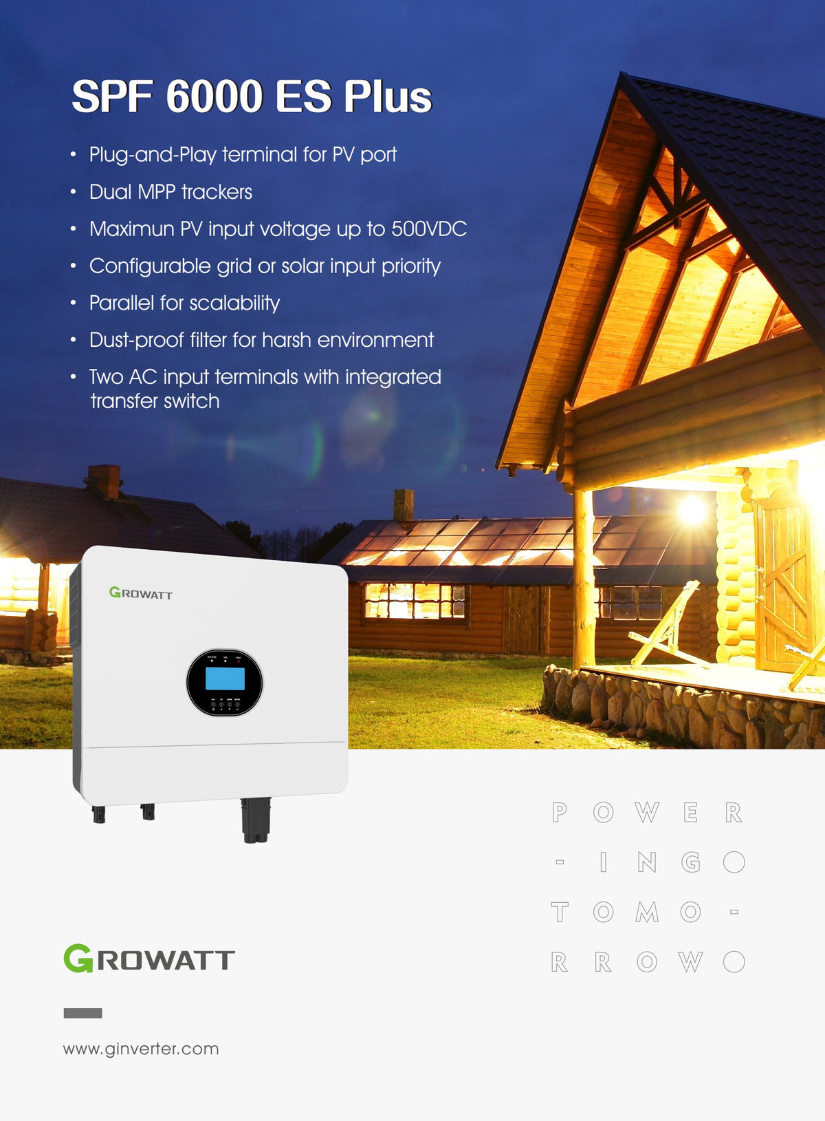 Growatt SPF 6000 ES Plus – Herstellerdatenblatt, Seite 1 von 2: Produktübersicht und Funktionen des Off-Grid-Wechselrichters.