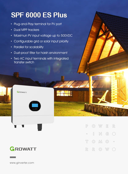 Growatt SPF 6000 ES Plus – Herstellerdatenblatt, Seite 1 von 2: Produktübersicht und Funktionen des Off-Grid-Wechselrichters.