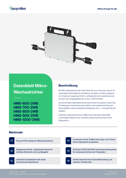 Hoymiles HiFlow Pro HMS-800-2WB – Herstellerdatenblatt Seite 1