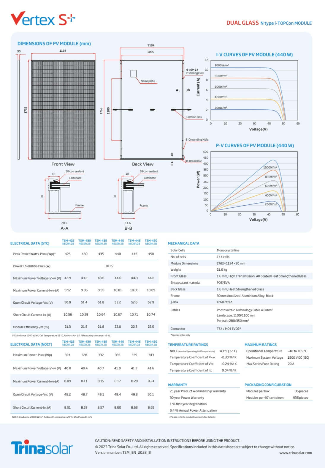 Trina Solar Vertex S+ 440W Doppelglas Solarmodule TSM-440NEG9R.28