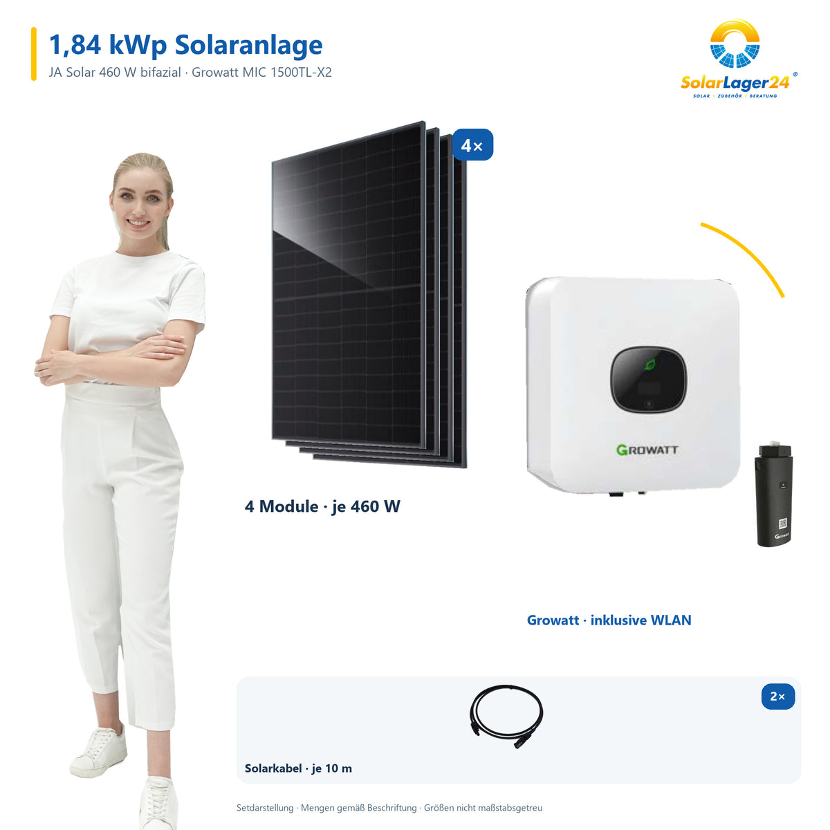 Solaranlage 1,84 kWp mit JA Solar und Growatt MIC 1500TL-X2 – SolarLager24 Model und Mengenangaben