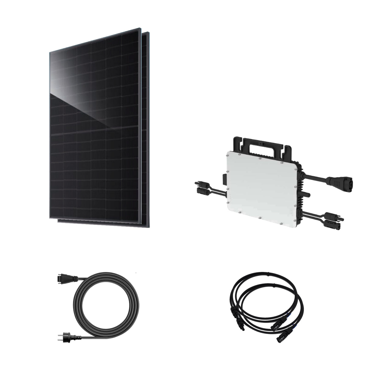 Balkonkraftwerk 920 Wp | JA Solar bifazial & Hoymiles HiFlow Pro HMS-800-2WB | Basic – 2 JA Solar Module – Setübersicht mit Wechselrichter und Zubehör
