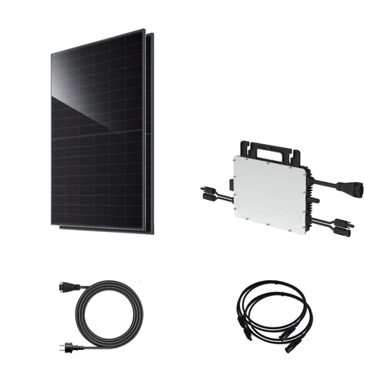 Balkonkraftwerk 920 Wp | JA Solar bifazial & Hoymiles HiFlow Pro HMS-800-2WB | Basic – 2 JA Solar Module – Setübersicht mit Wechselrichter und Zubehör