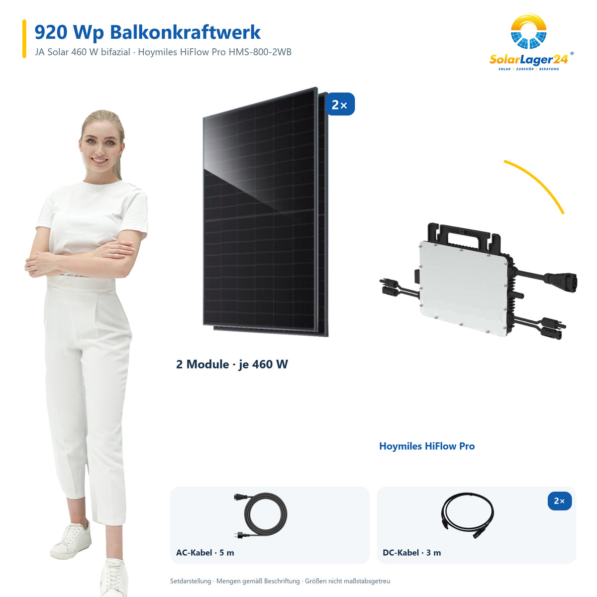 Balkonkraftwerk 920 Wp | JA Solar bifazial & Hoymiles HiFlow Pro HMS-800-2WB | Basic – 2 JA Solar Module – Set mit SolarLager24 Model und Mengenangaben