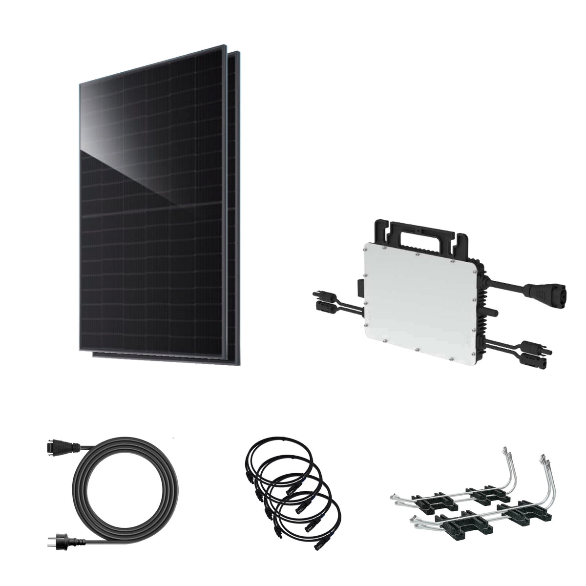 Balkonkraftwerk 920 Wp | JA Solar bifazial & Hoymiles HiFlow Pro HMS-800-2WB | Flachdach – 2 JA Solar Module – Setübersicht mit Wechselrichter und Zubehör
