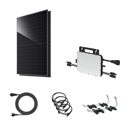 Balkonkraftwerk 920 Wp | JA Solar bifazial & Hoymiles HiFlow Pro HMS-800-2WB | Flachdach – 2 JA Solar Module – Setübersicht mit Wechselrichter und Zubehör