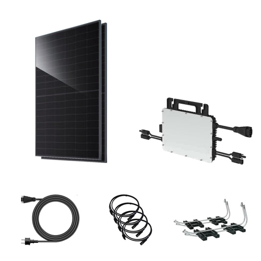Balkonkraftwerk 920 Wp | JA Solar bifazial & Hoymiles HiFlow Pro HMS-800-2WB | Flachdach – 2 JA Solar Module – Setübersicht mit Wechselrichter und Zubehör