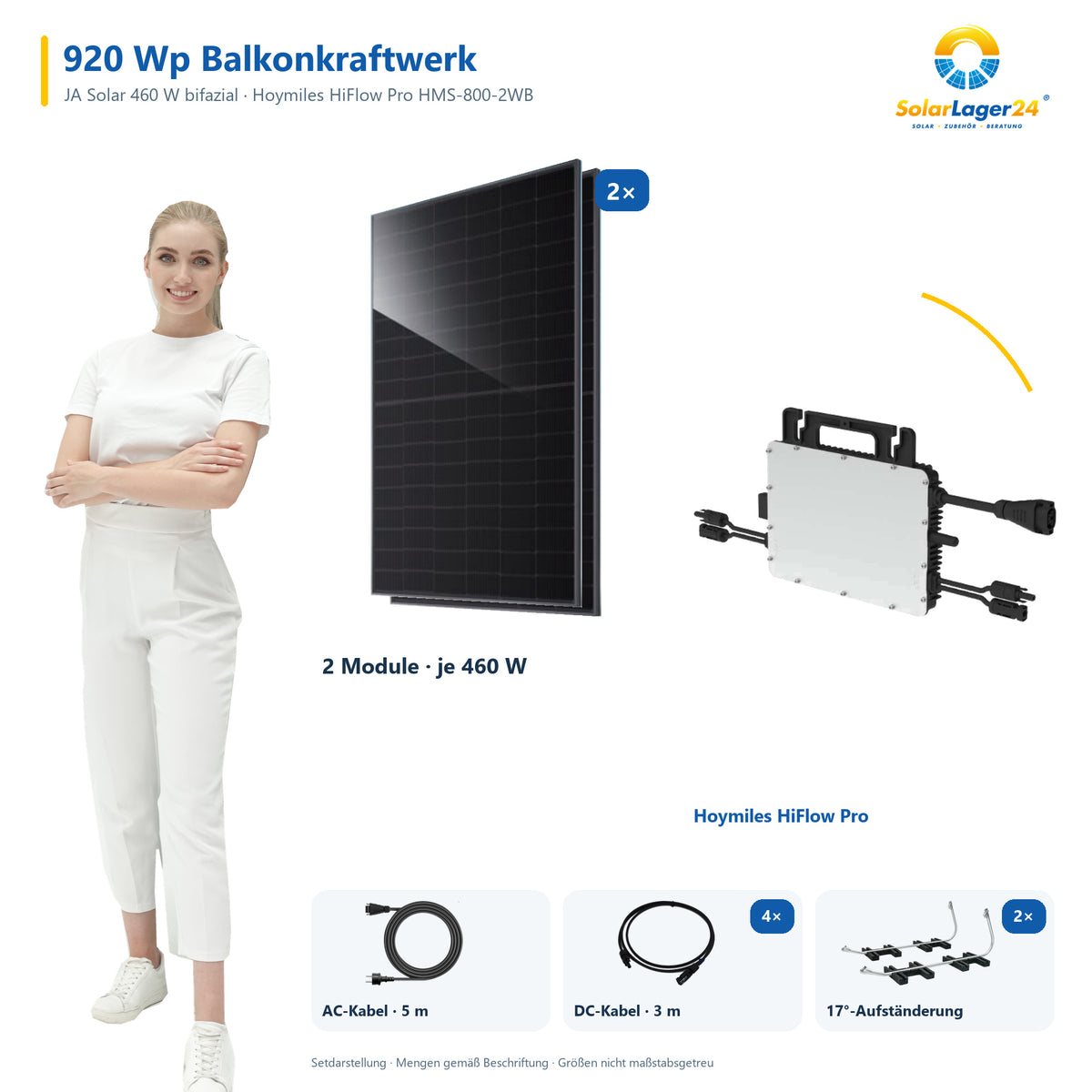 Balkonkraftwerk 920 Wp | JA Solar bifazial & Hoymiles HiFlow Pro HMS-800-2WB | Flachdach – 2 JA Solar Module – Set mit SolarLager24 Model und Mengenangaben