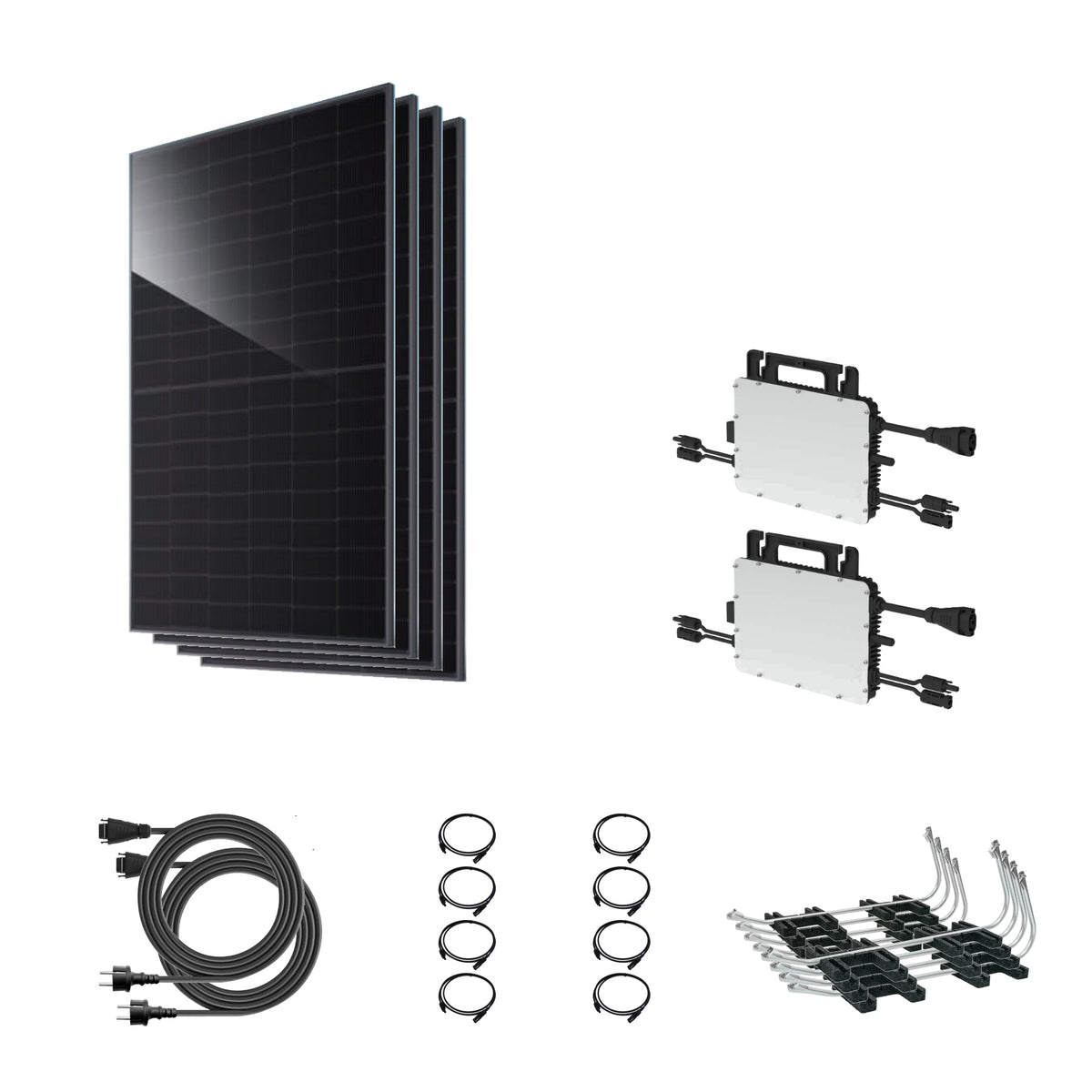 Solaranlage 1840 Wp | JA Solar bifazial & 2× Hoymiles HiFlow Pro HMS-800-2WB | Flachdach – 4 JA Solar Module – Setübersicht mit Wechselrichter und Zubehör