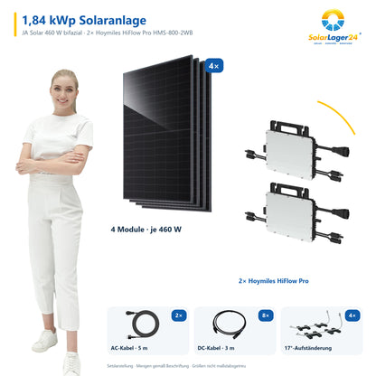 Solaranlage 1840 Wp | JA Solar bifazial & 2× Hoymiles HiFlow Pro HMS-800-2WB | Flachdach – 4 JA Solar Module – Set mit SolarLager24 Model und Mengenangaben