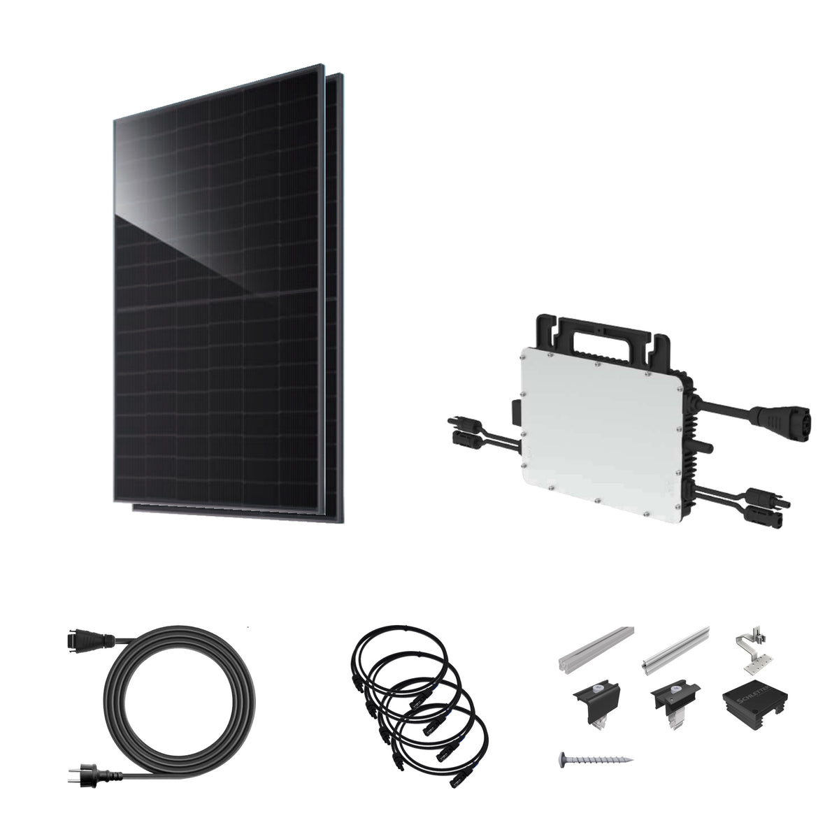 Balkonkraftwerk 920 Wp | JA Solar bifazial & Hoymiles HiFlow Pro HMS-800-2WB | Ziegeldach – 2 JA Solar Module – Setübersicht mit Wechselrichter und Zubehör