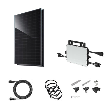 Balkonkraftwerk 920 Wp | JA Solar bifazial & Hoymiles HiFlow Pro HMS-800-2WB | Ziegeldach – 2 JA Solar Module – Setübersicht mit Wechselrichter und Zubehör