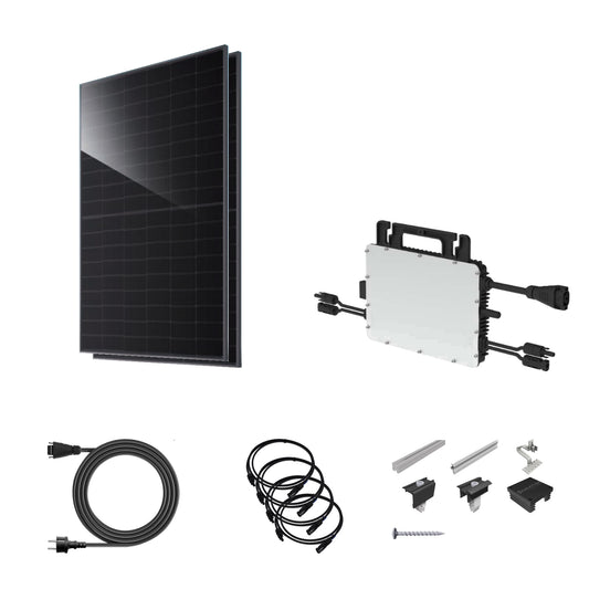 Balkonkraftwerk 920 Wp | JA Solar bifazial & Hoymiles HiFlow Pro HMS-800-2WB | Ziegeldach – 2 JA Solar Module – Setübersicht mit Wechselrichter und Zubehör