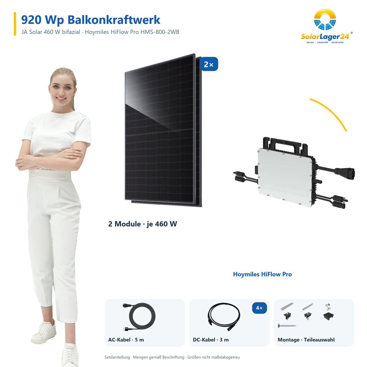 Balkonkraftwerk 920 Wp | JA Solar bifazial & Hoymiles HiFlow Pro HMS-800-2WB | Ziegeldach – 2 JA Solar Module – Set mit SolarLager24 Model und Mengenangaben
