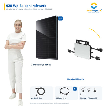 Balkonkraftwerk 920 Wp | JA Solar bifazial & Hoymiles HiFlow Pro HMS-800-2WB | Ziegeldach – 2 JA Solar Module – Set mit SolarLager24 Model und Mengenangaben