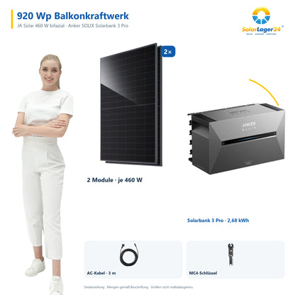 Balkonkraftwerk mit Speicher | JA Solar 460W bifazial & Anker SOLIX Solarbank 3 Pro – 2 JA Solar Module – Set mit SolarLager24 Model und Mengenangaben