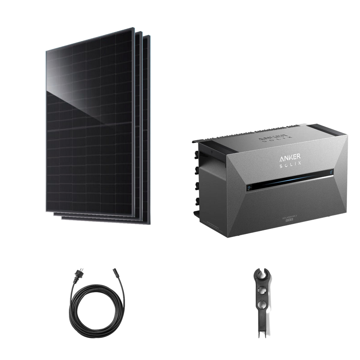 Balkonkraftwerk mit Speicher | JA Solar 460W bifazial & Anker SOLIX Solarbank 3 Pro – 3 JA Solar Module – Setübersicht mit Wechselrichter und Zubehör