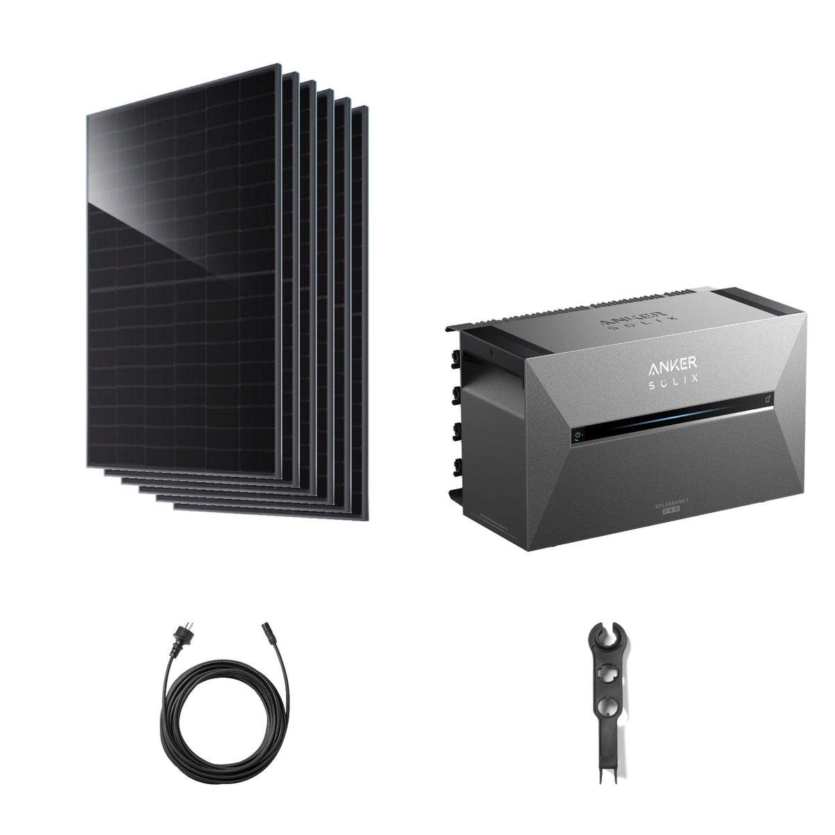 Balkonkraftwerk mit Speicher | JA Solar 460W bifazial & Anker SOLIX Solarbank 3 Pro – 6 JA Solar Module – Setübersicht mit Wechselrichter und Zubehör