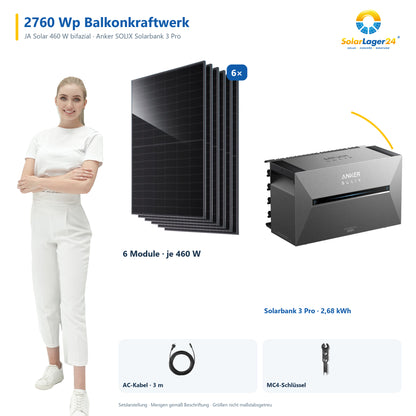 Balkonkraftwerk mit Speicher | JA Solar 460W bifazial & Anker SOLIX Solarbank 3 Pro – 6 JA Solar Module – Set mit SolarLager24 Model und Mengenangaben