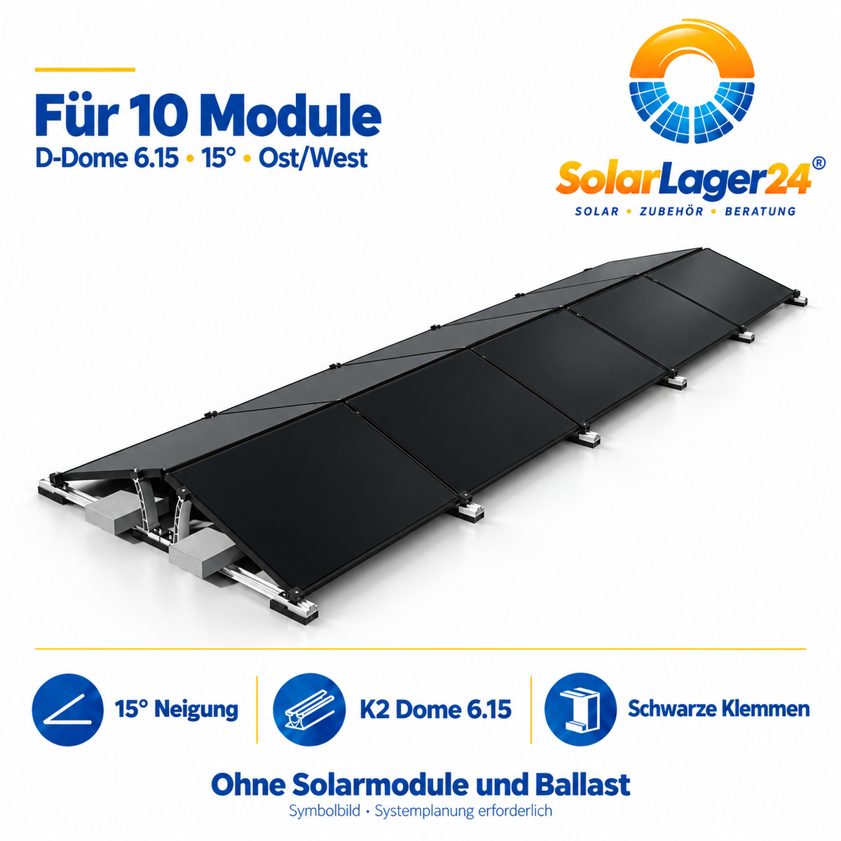 K2 D-Dome 6.15 Montageset für 10 Module in Quermontage mit 15 Grad – doppelseitige Ost-West-Anordnung als Symbolbild ohne Solarmodule und Ballast im Lieferumfang