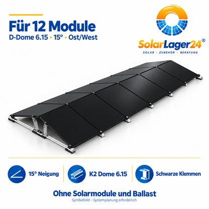 K2 D-Dome 6.15 Montageset für 12 Module in Quermontage mit 15 Grad – doppelseitige Ost-West-Anordnung als Symbolbild ohne Solarmodule und Ballast im Lieferumfang