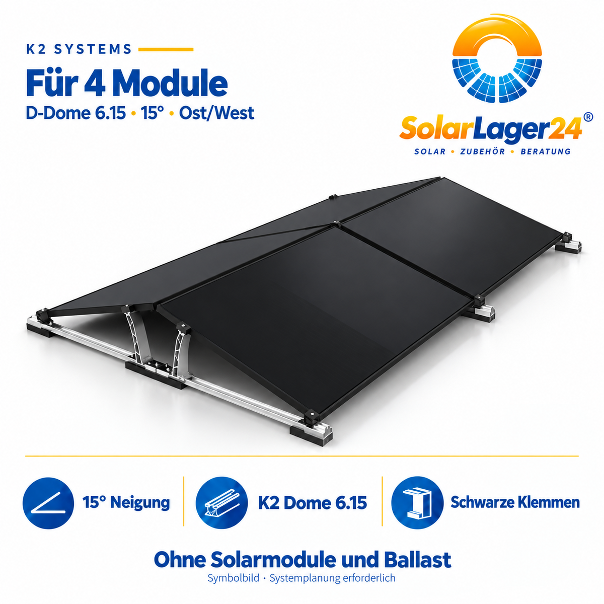 K2 D-Dome 6.15 Montageset für 4 Module in Quermontage mit 15 Grad – doppelseitige Ost-West-Anordnung als Symbolbild ohne Solarmodule und Ballast im Lieferumfang