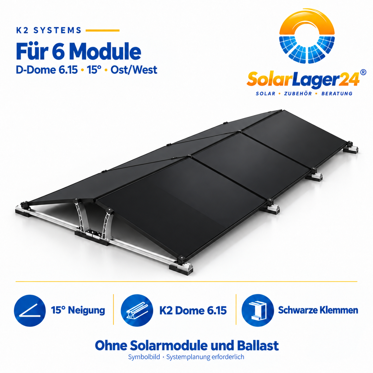 K2 D-Dome 6.15 Montageset für 6 Module in Quermontage mit 15 Grad – doppelseitige Ost-West-Anordnung als Symbolbild ohne Solarmodule und Ballast im Lieferumfang