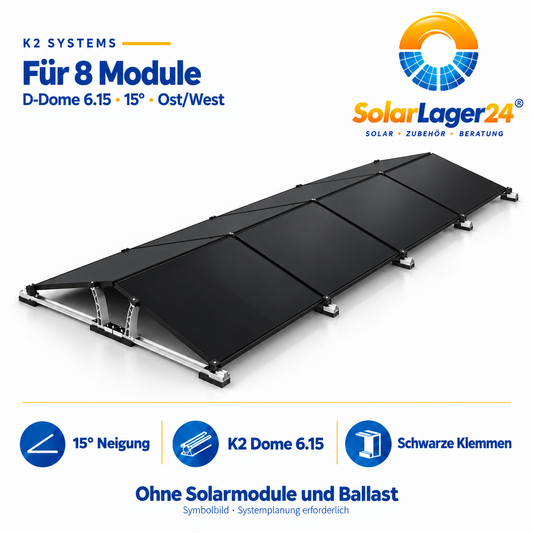 K2 D-Dome 6.15 Montageset für 8 Module in Quermontage mit 15 Grad – doppelseitige Ost-West-Anordnung als Symbolbild ohne Solarmodule und Ballast im Lieferumfang