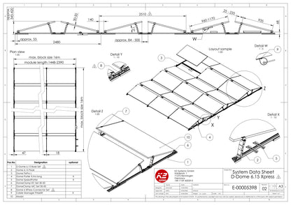 K2 D-Dome 6.15 Xpress Systemdatenblatt mit Ost-West-Montageaufbau, technischen Daten und optionalen Komponenten