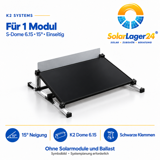 K2 S-Dome 6.15 Montageset für 1 Modul in Quermontage mit 15 Grad – einseitige Anordnung als Symbolbild ohne Solarmodule und Ballast im Lieferumfang