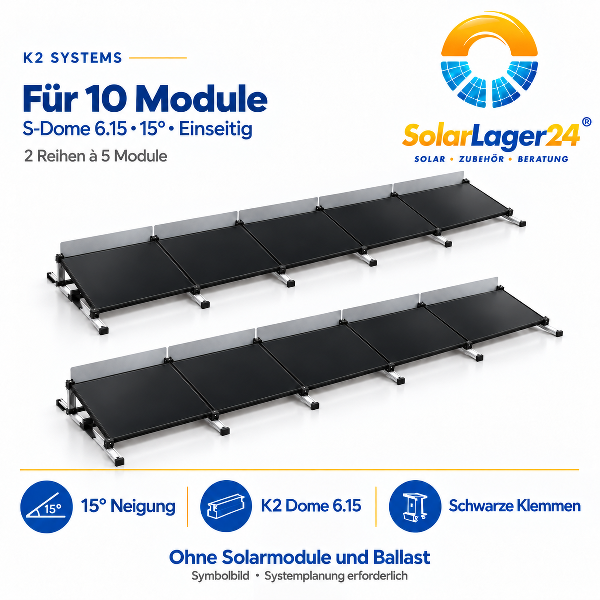 K2 S-Dome 6.15 Montageset für 10 Module in Quermontage mit 15 Grad – einseitige Anordnung als Symbolbild ohne Solarmodule und Ballast im Lieferumfang