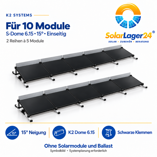 K2 S-Dome 6.15 Montageset für 10 Module in Quermontage mit 15 Grad – einseitige Anordnung als Symbolbild ohne Solarmodule und Ballast im Lieferumfang