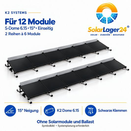 K2 S-Dome 6.15 Montageset für 12 Module in Quermontage mit 15 Grad – einseitige Anordnung als Symbolbild ohne Solarmodule und Ballast im Lieferumfang