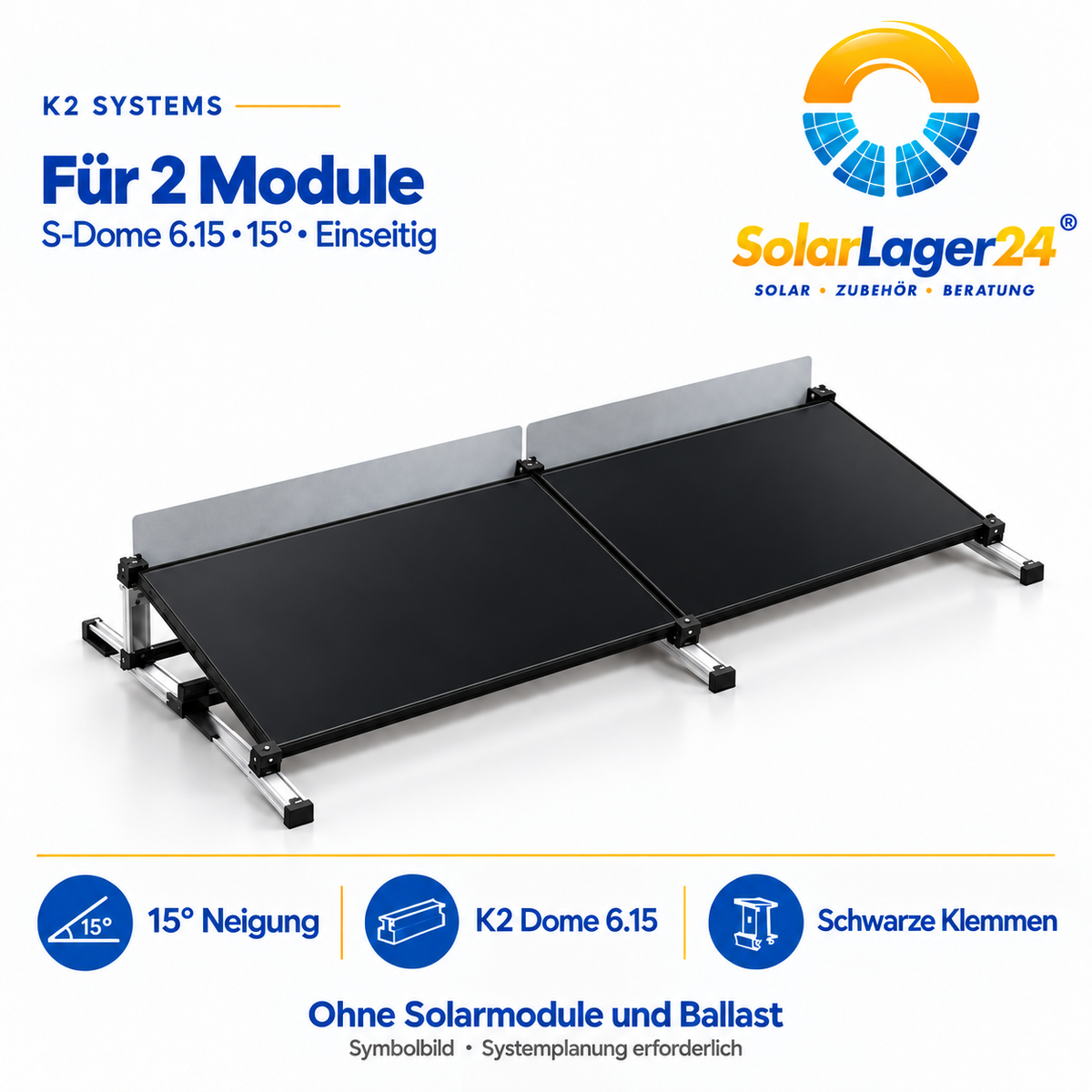 K2 S-Dome 6.15 Montageset für 2 Module in Quermontage mit 15 Grad – einseitige Anordnung als Symbolbild ohne Solarmodule und Ballast im Lieferumfang