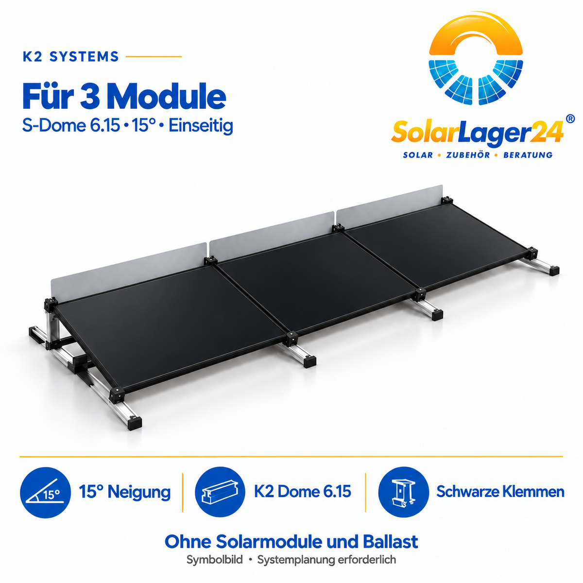 K2 S-Dome 6.15 Montageset für 3 Module in Quermontage mit 15 Grad – einseitige Anordnung als Symbolbild ohne Solarmodule und Ballast im Lieferumfang