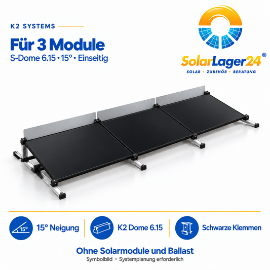 K2 S-Dome 6.15 Montageset für 3 Module in Quermontage mit 15 Grad – einseitige Anordnung als Symbolbild ohne Solarmodule und Ballast im Lieferumfang